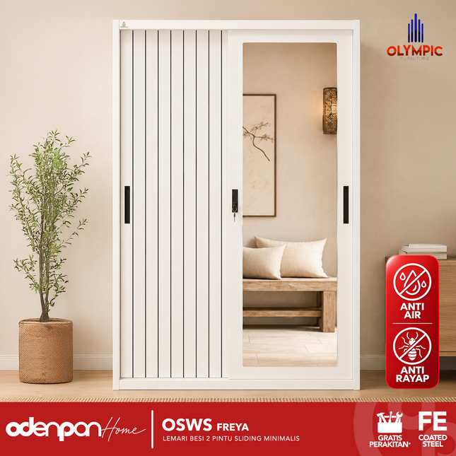 OLYMSTEEL - OSWS FREYA Lemari Pakaian Baju 2 Pintu Besi Sliding Putih Dengan Cermin