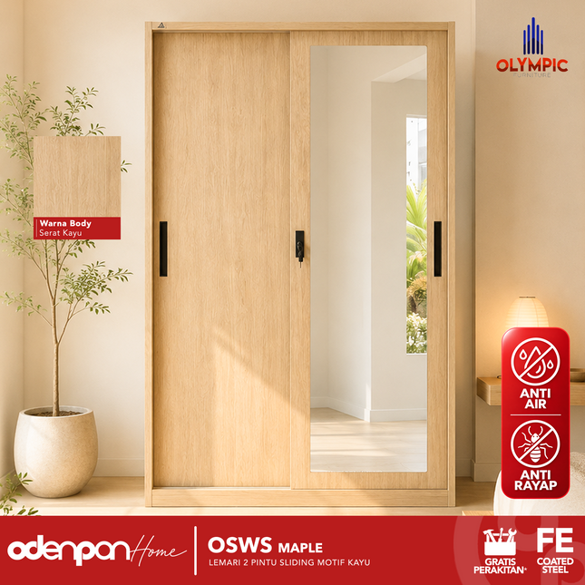 OLYMSTEEL - OSWS WOOD WS Lemari Pakaian Baju 2 Pintu Besi Sliding Motif Kayu