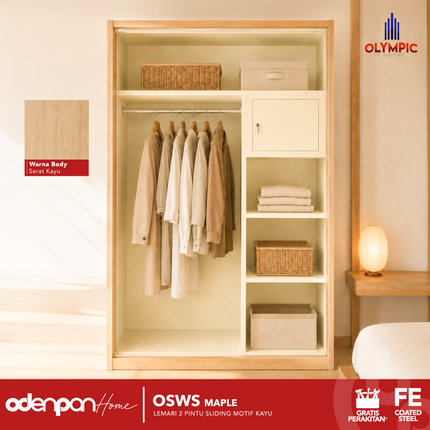 OLYMSTEEL - OSWS WOOD WS Lemari Pakaian Baju 2 Pintu Besi Sliding Motif Kayu