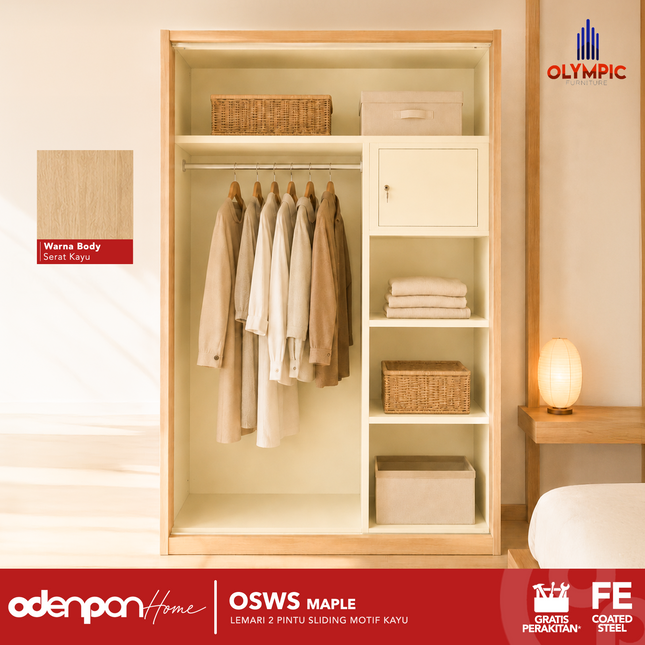 OLYMSTEEL - OSWS WOOD WS Lemari Pakaian Baju 2 Pintu Besi Sliding Motif Kayu