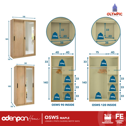 OLYMSTEEL - OSWS WOOD WS Lemari Pakaian Baju 2 Pintu Besi Sliding Motif Kayu