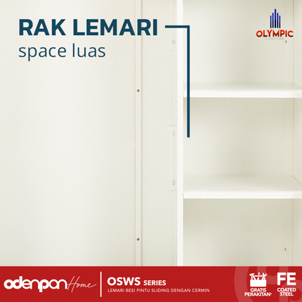 OLYMSTEEL - OSWS ALBA Lemari Pakaian Baju 2 Pintu Besi Sliding Putih Dengan Cermin