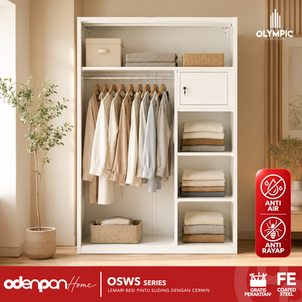 OLYMSTEEL - OSWS ALBA Lemari Pakaian Baju 2 Pintu Besi Sliding Putih Dengan Cermin