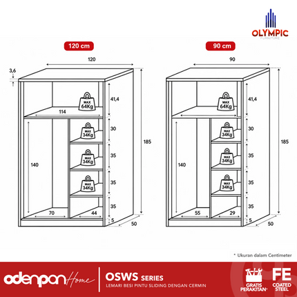 OLYMSTEEL - OSWS ARABEL Lemari Pakaian Baju 2 Pintu Besi Sliding Putih Dengan Cermin & Motif Kayu