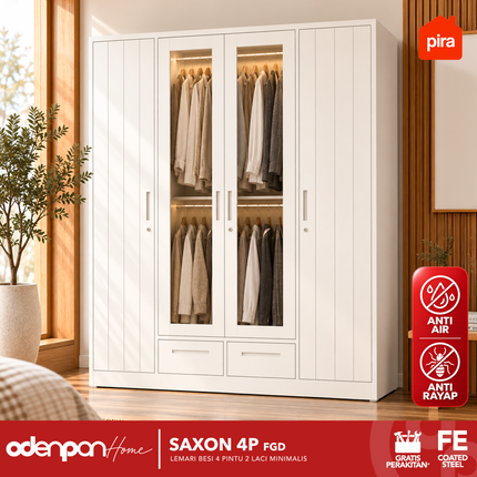 PIRA - 4P FGD Lemari Pakaian Baju 4 Pintu Besi 2 Laci Minimalis Jumbo Dengan Kaca & Lampu LED