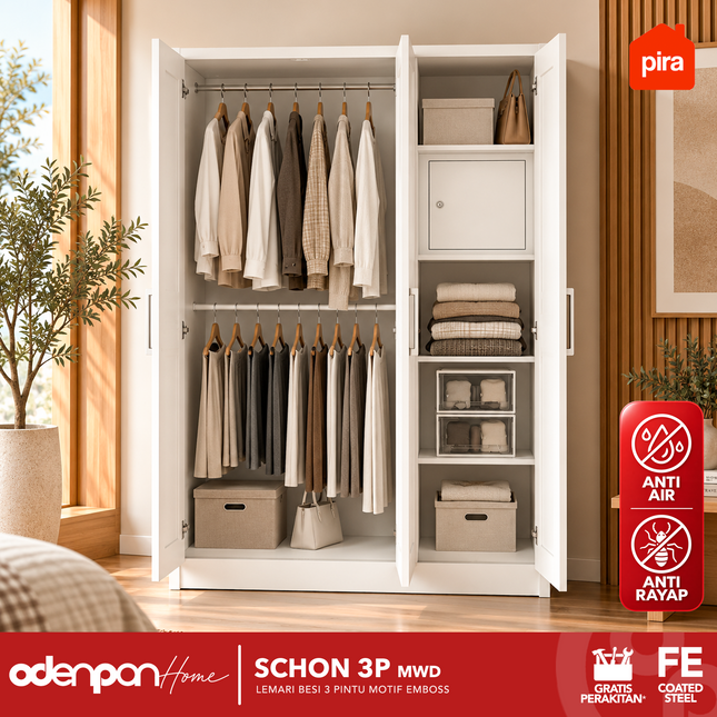 PIRA - SCHON 3P Lemari Pakaian Baju 3 Pintu Besi Pintu Swing