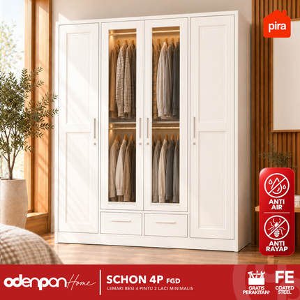 PIRA - 4P FGD Lemari Pakaian Baju 4 Pintu Besi 2 Laci Minimalis Jumbo Dengan Kaca & Lampu LED