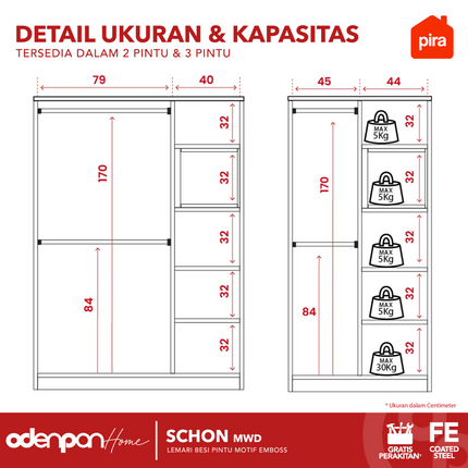 PIRA - SCHON 2P Lemari Pakaian Baju 2 Pintu Besi Pintu Swing
