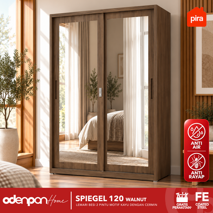 PIRA - SPIEGEL 120 Lemari Pakaian / Baju 2 Pintu Besi Sliding Motif Kayu