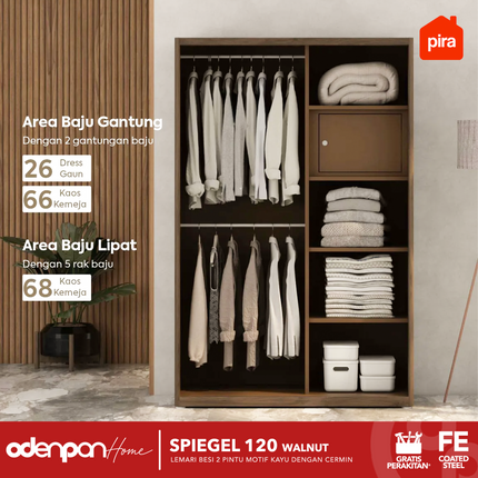 PIRA - SPIEGEL 120 Lemari Pakaian / Baju 2 Pintu Besi Sliding Motif Kayu