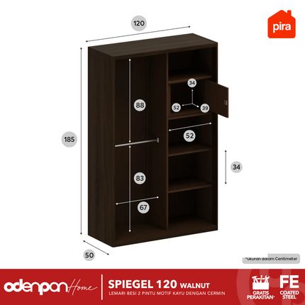 PIRA - SPIEGEL 120 Lemari Pakaian / Baju 2 Pintu Besi Sliding Motif Kayu