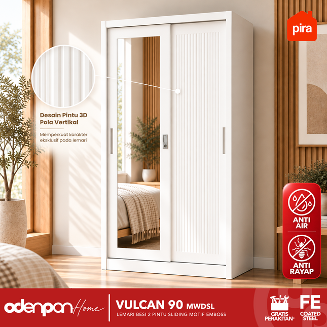 PIRA - VULCAN Lemari Pakaian / Baju 2 Pintu Besi Sliding Motif 3D Emboss Dengan Cermin