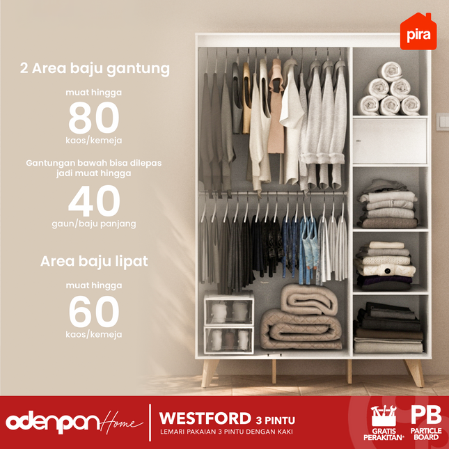 PIRA - WESTFORD 3P Lemari Pakaian / Baju 3 Pintu Gantungan Gamis Dengan Kaki