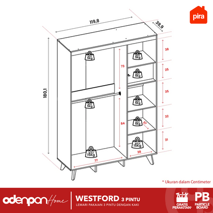 PIRA - WESTFORD 3P Lemari Pakaian / Baju 3 Pintu Gantungan Gamis Dengan Kaki