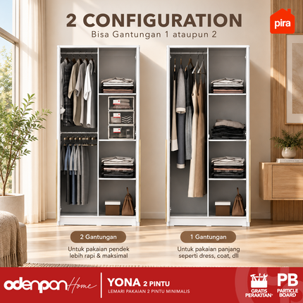 PIRA - YONA 2P Lemari Pakaian / Baju 2 Pintu Dengan Cermin