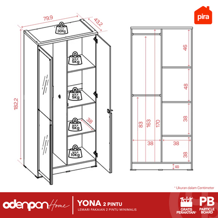 PIRA - YONA 2P Lemari Pakaian / Baju 2 Pintu Dengan Cermin