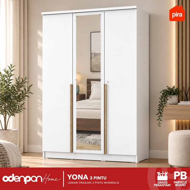 PIRA - YONA 3P Lemari Pakaian / Baju 3 Pintu Dengan Cermin