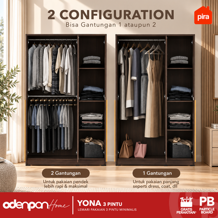 PIRA - YONA 3P Lemari Pakaian / Baju 3 Pintu Dengan Cermin