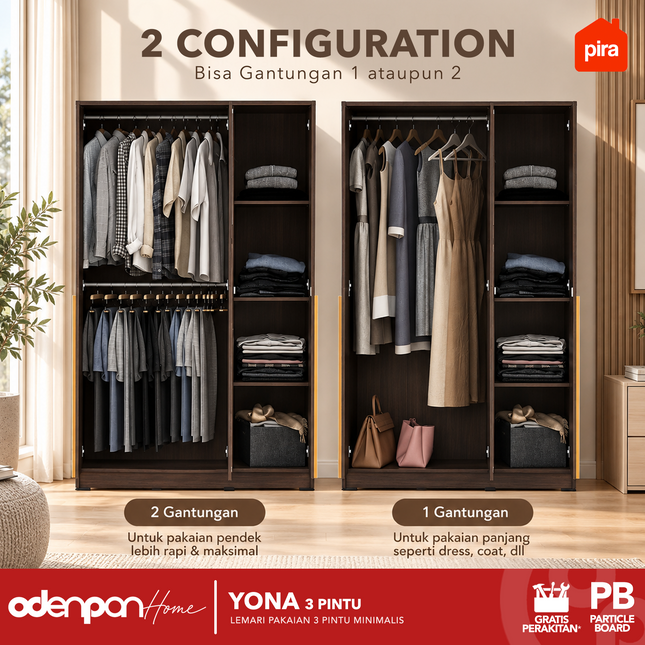 PIRA - YONA 3P Lemari Pakaian / Baju 3 Pintu Dengan Cermin