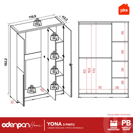PIRA - YONA 3P Lemari Pakaian / Baju 3 Pintu Dengan Cermin