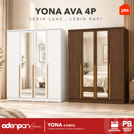 PIRA - YONA 4P Lemari Pakaian / Baju 4 Pintu Dengan Cermin