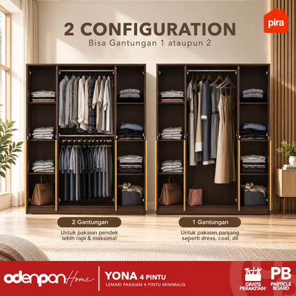 PIRA - YONA 4P Lemari Pakaian / Baju 4 Pintu Dengan Cermin