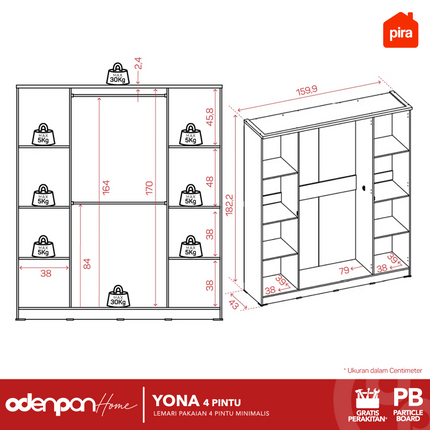 PIRA - YONA 4P Lemari Pakaian / Baju 4 Pintu Dengan Cermin