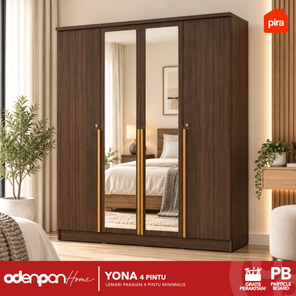 PIRA - YONA 4P Lemari Pakaian / Baju 4 Pintu Dengan Cermin