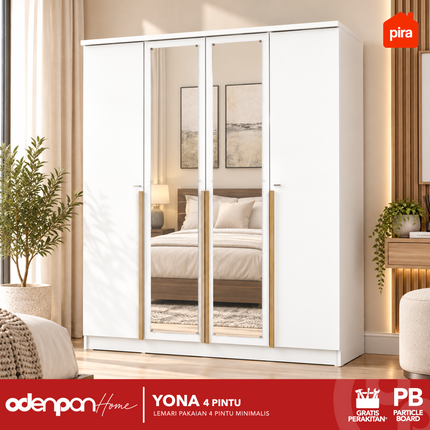 PIRA - YONA 4P Lemari Pakaian / Baju 4 Pintu Dengan Cermin