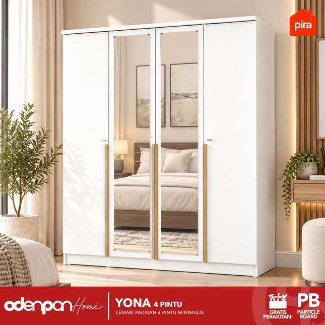 PIRA - YONA 4P Lemari Pakaian / Baju 4 Pintu Dengan Cermin