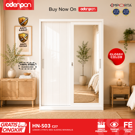 OKELO - HN Lemari Pakaian Baju 2 Pintu Besi Dengan Cermin