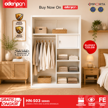OKELO - HN Lemari Pakaian Baju 2 Pintu Besi Dengan Cermin