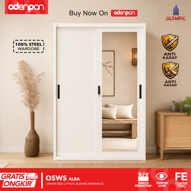 OLYMSTEEL - OSWS ALBA Lemari Pakaian Baju 2 Pintu Besi Sliding Putih Dengan Cermin