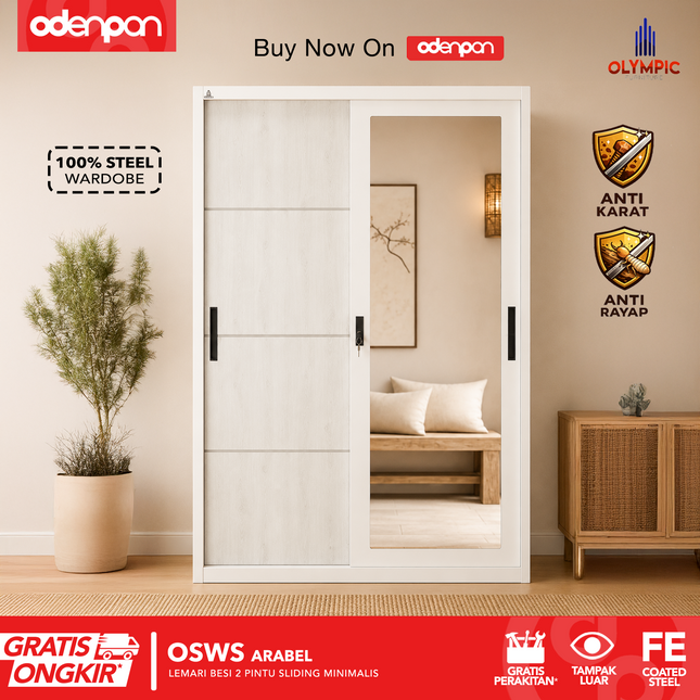 OLYMSTEEL - OSWS ARABEL Lemari Pakaian Baju 2 Pintu Besi Sliding Putih Dengan Cermin & Motif Kayu