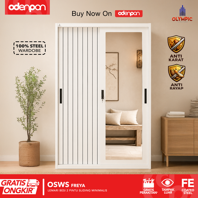 OLYMSTEEL - OSWS FREYA Lemari Pakaian Baju 2 Pintu Besi Sliding Putih Dengan Cermin
