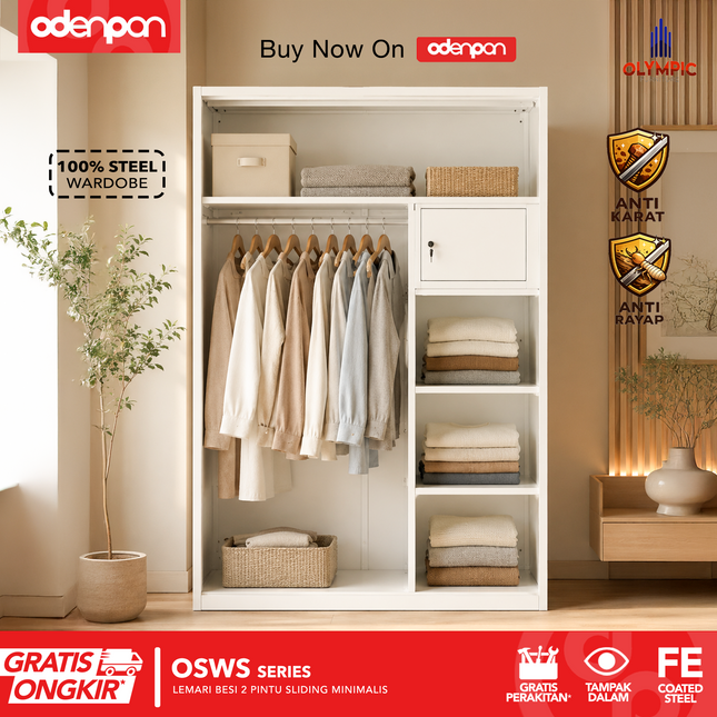 OLYMSTEEL - OSWS FREYA Lemari Pakaian Baju 2 Pintu Besi Sliding Putih Dengan Cermin