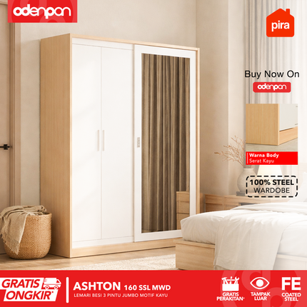 PIRA - ASHTON 160 SSL MWD Lemari Pakaian / Baju 3 Pintu Besi Sliding Jumbo Motif Kayu