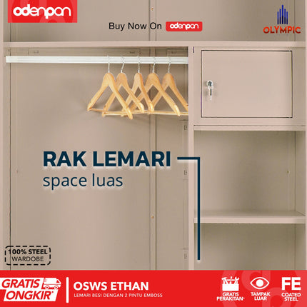 OLYMSTEEL - OSWS ETHAN Lemari Pakaian Baju 2 Pintu Besi Sliding Pintu 3D Emboss