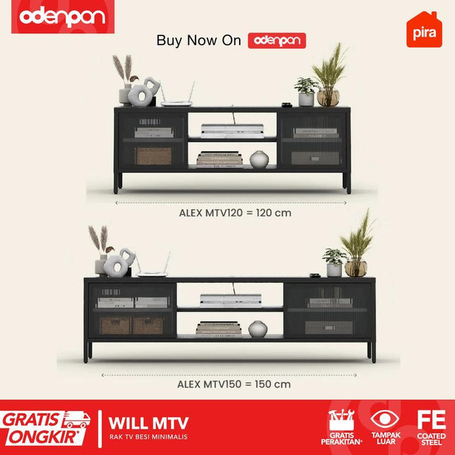 PIRA - WILL MTV Meja / Rak TV Besi Hitam Dengan Laci 120 / 150 cm