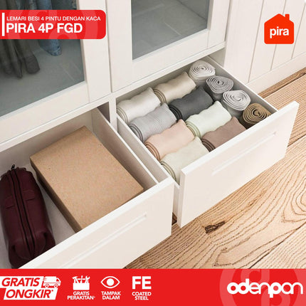 PIRA - 4P FGD Lemari Pakaian Baju 4 Pintu Besi 2 Laci Minimalis Jumbo Dengan Kaca & Lampu LED