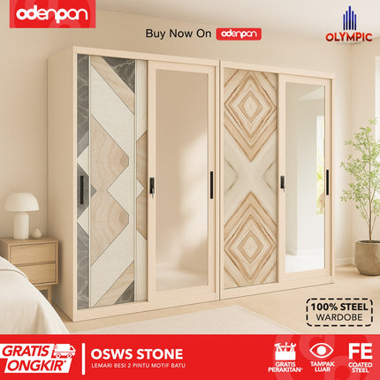 OLYMSTEEL - OSWS STONE Lemari Pakaian Baju 2 Pintu Besi Sliding Motif Batu