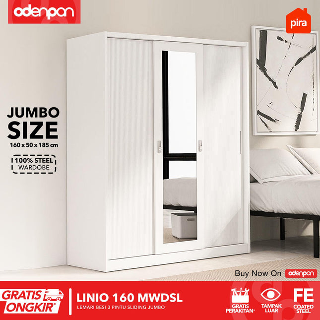 PIRA - 160 MWDSL Lemari Pakaian / Baju 3 Pintu Besi Sliding Jumbo Dengan Cermin 160 cm