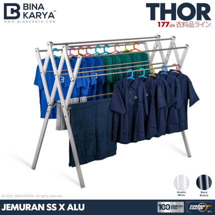 BINA KARYA - THOR Jemuran Stainless Steel Aluminium 9 Palang Jumbo Kokoh Pipa Kotak Minimalis 180 cm