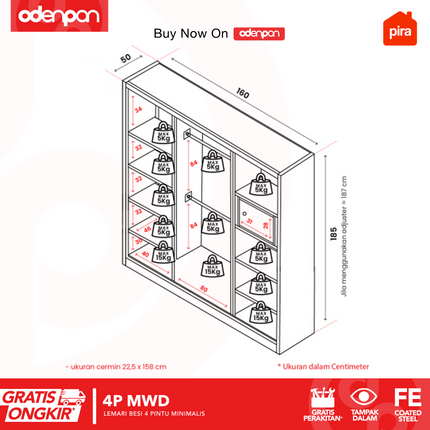 PIRA - 4P MWD Lemari Pakaian Baju 4 Pintu Besi 2 Cermin Minimalis Jumbo
