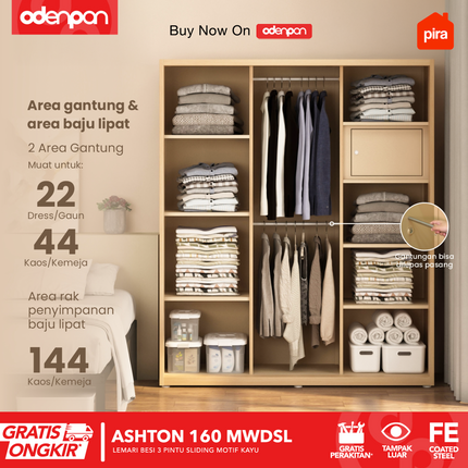 PIRA - ASHTON 160 MWDSL Lemari Pakaian / Baju 3 Pintu Besi Sliding Jumbo Dengan Cermin 160 cm