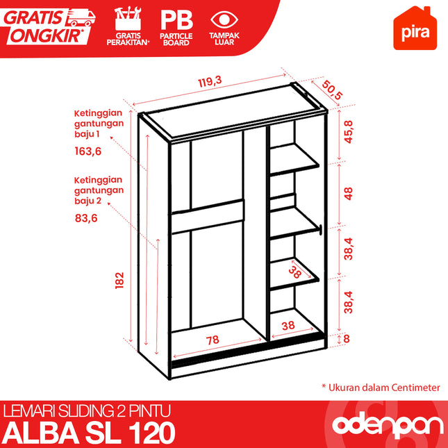 PIRA - ALBA SL 120 Lemari Pakaian / Baju Sliding 2 Pintu Dengan Cermin