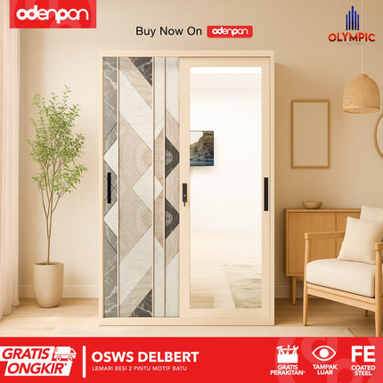 OLYMSTEEL - OSWS STONE Lemari Pakaian Baju 2 Pintu Besi Sliding Motif Batu