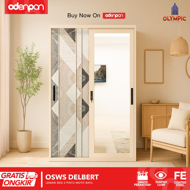 OLYMSTEEL - OSWS STONE Lemari Pakaian Baju 2 Pintu Besi Sliding Motif Batu