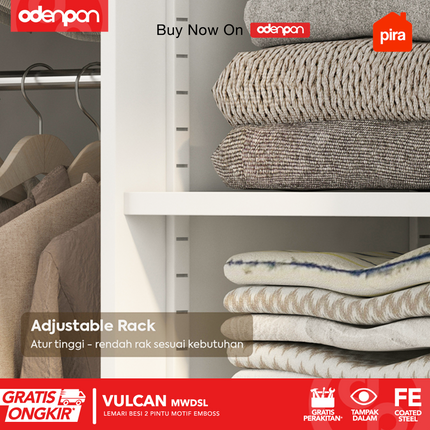 PIRA - VULCAN Lemari Pakaian / Baju 2 Pintu Besi Sliding Motif 3D Emboss Dengan Cermin