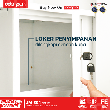 IMPORTA - JM Lemari Pakaian Baju 3 Pintu Besi Jumbo Dengan Cermin 160 cm